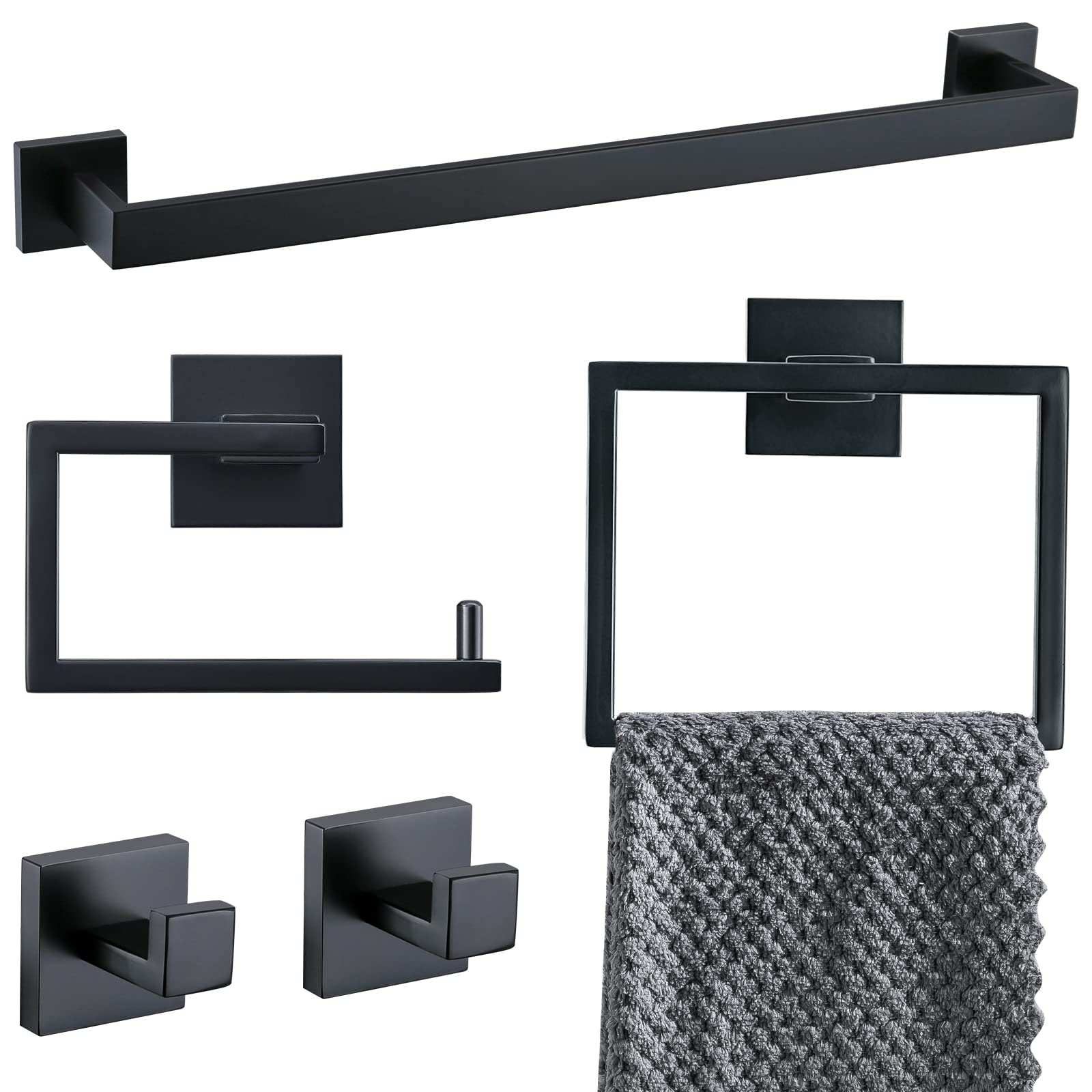YACVCL 5-Piece Bathroom Hardware Accessories Set 23.6 inch Towel Bar Towel Rack Sets Modern Towel Ring Kit Stainless Steel Wall Mounted (Matte Black)